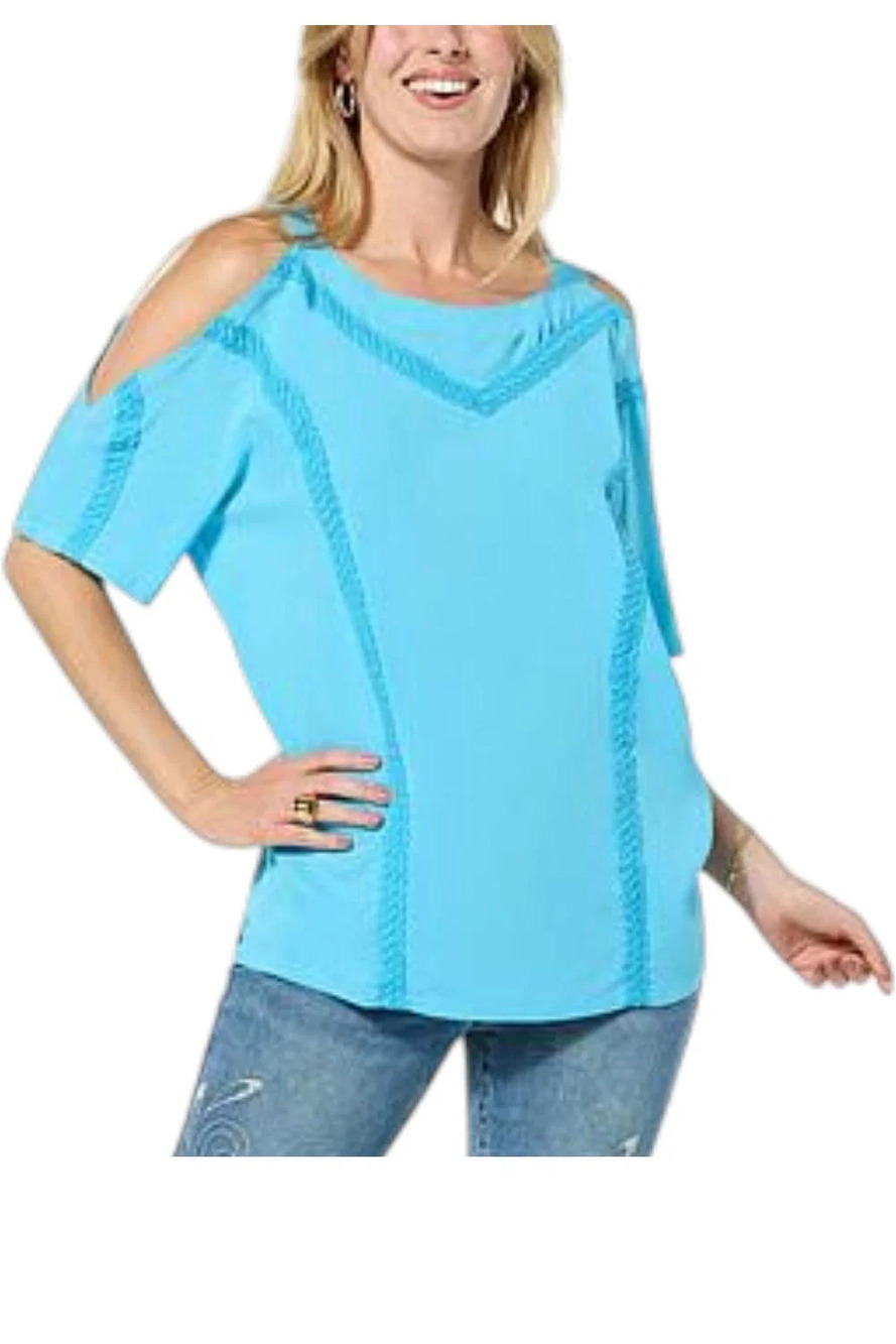 DG2 by Diane Gilman Women's Lace Inset Cold-Shoulder Top Blue Sky - Regular